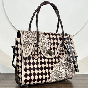 Sac à main de style occidental Sac à bandoulière en cuir usiné à la main pour femmes Sac à bandoulière en damier Sac fourre-tout à bandoulière avec poignée tressée - Product Image 4