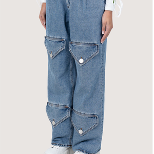 High Waist Cargo Jeans Plus Size Women's Ankle-Length Distressed Denim Loose Fit Button Fly Solid Color Casual Style - Product Image 3