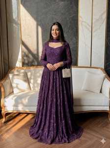 Elegante Salwar Kameez de Georgette Morado, Vestido de Novia Largo hasta el Suelo con Dupatta para Mujer, Sin Arrugas, de Secado Rápido, para Fiestas, India, Pakistán - Product Image 1