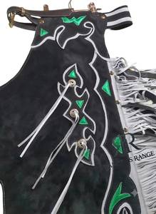 Premium Custom Black and White Cowhide Leather Rodeo Chaps with Green Inlay Accents, Matching Fringe, and Adjustable Buckles - Product Image 2