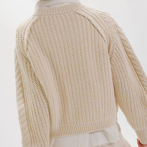 Nouveauté : Pull en tricot torsadé pour femme, manches bouffantes, col rond, laine épaisse, pull décontracté d'hiver, tricoté à la main - Product Image 2