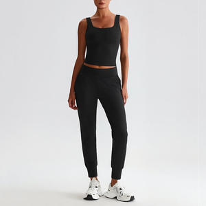 Ensemble de yoga pour femmes, 2 pièces, couleur unie, haut court, pantalon de jogging taille haute, sans couture, respirant, spandex, polyester, longueur cheville - Product Image 2