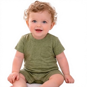 Combinaison bébé unisexe 100% coton personnalisable, manches courtes, longueur genou, fermeture à boutons pression, douce, respirante, anti-plis - Product Image 1