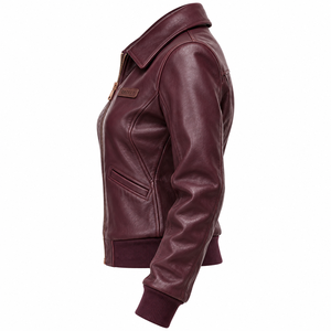 <b>Womens</b> Burgundy Genuine Leather Aviator <b>Jacket</b> <b>Vintage</b> Zip Up Ribbed Hem Coat Darkry Custom Factory Wholesale Supplier - Product Image 4