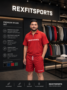 REXFIT SPORTS 2026 Custom Mens Red Nylon <b>Shirt</b> and Shorts Set Half <b>Zip</b> Lightweight Breathable Gym Training Sportswear - Product Image 2