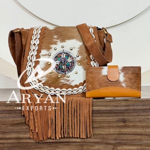 Nuevo Conjunto Personalizado de 2 Piezas para Mujer 2026, Bolso Bandolera de Cuero Genuino con Flecos, Juego de Cartera Estilo Western Premium, Venta al Por Mayor - Product Image 1