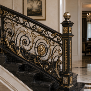 Rampe d'escalier en fer forgé doré de luxe, ornée de motifs floraux, pour la conception d'entrées intérieures de villas et d'hôtels - Product Image 3