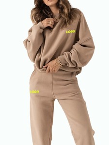 Women Solid Color Crew Neck <b>Tracksuit</b> Set Full Length Side Pockets Elastic Waist Loose Fit Casual Autumn Wear 100% Cotton - Product Image 5