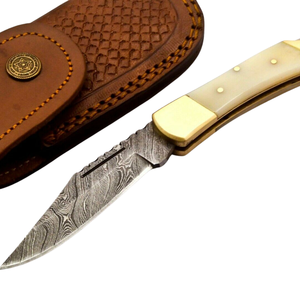 Custom Handmade Damascus <b>Steel</b> Lock Back Folding Knives with Cream Handle Gold Brass Bolsters for <b>Outdoor</b> Hunting Camping Gear - Product Image 6