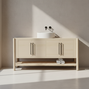 Buffet en bois tressé naturel à 4 portes avec étagère en rotin, meuble de rangement moderne en bois et tissu tressé, pieds ronds - Product Image 2