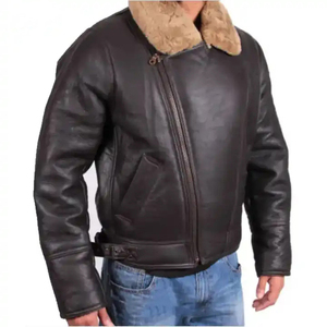 Chaqueta de Cuero Genuino para Hombre con Forro de Piel Sintética, Cortavientos, Estilo Motero, Cierre de Cremallera, Corte Regular, para Invierno - Product Image 4