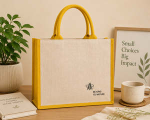 Reusable Jute Handled Shopping <b>Bag</b> with Letter Pattern Yellow Trim <b>Medium</b> <b>Size</b> for Supermarket Use - Product Image 6