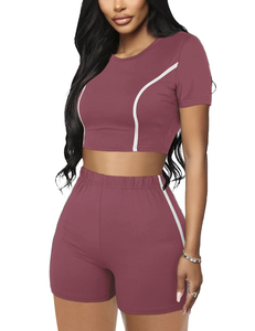 <b>Women</b> High Waist Solid Color <b>Short</b> Sleeve Crop Top And <b>Shorts</b> Set Quick Dry Spandex Polyester Summer Leisure Wear - Product Image 2