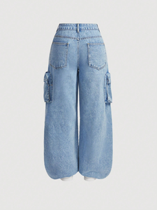 High Waist Wide Leg Distressed Denim Cargo Pants Loose Fit Full Length Cotton Casual Style Button Fly - Product Image 2