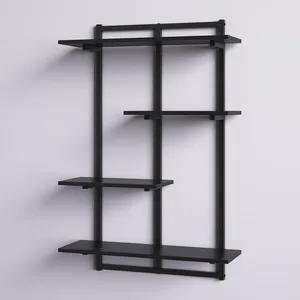 Étagère murale flottante géométrique moderne en métal noir et bois pour salon, chambre et bureau (vente en gros) - Product Image 2