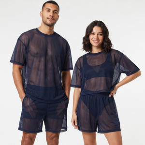 <b>Transparent</b> Mesh Summer <b>Shorts</b> Set <b>Men</b> Women Crew Neck T-Shirt And <b>Shorts</b> Lightweight Drop Shoulder Mesh Tee Tops - Product Image 1