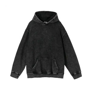 เสื้อฮู้ดดี้ผู้ชายทรงโอเวอร์ไซส์ ผ้าฝ้ายฟอก ทรงปกติ แบบถัก สวมใส่สบาย เหมาะสำหรับฤดูใบไม้ร่วง มีกระเป๋าหน้า สีพื้น ดีไซน์มีฮู้ด - Product Image 1