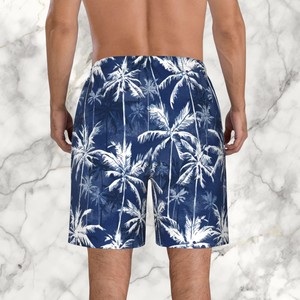 2026 New Design <b>Men</b>’s Navy Blue Palm Tree Print Swim Shorts Quick Dry Beach <b>Trunks</b>, Summer Holiday Surf and Pool Swimwear - Product Image 2