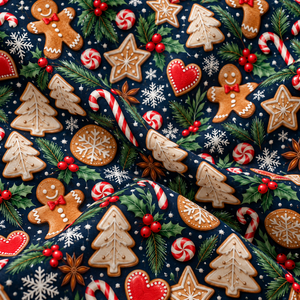 Tela con Patrón de Galletas de Jengibre y Bastones de Caramelo Navideños, Azul Marino, Material de Costura de Algodón para las Fiestas - Product Image 3