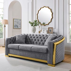 Divano Chesterfield di Lusso in Velluto a 3 Posti, 84 Pollici, Set Divano Trapuntato con Finiture in Acciaio Dorato per Soggiorno, Tessuto Grigio - Product Image 1