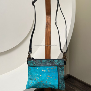 <b>Hand</b> Tooled Hair on Genuine Leather <b>Mini</b> Crossbody Bag for Women Western Leather Handbag Custom Branded Wristlet Mobile Purse - Product Image 3