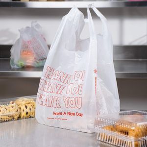 Paquete 100 Bolsas de plástico reutilizables preimpresas para camisetas 11,5X6,5X21 Bolsas de compras para llevar Precio al por mayor para ropa de restaurante - Product Image 6