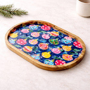 Plateau de service ovale grand format en bois de manguier émaillé, fait main, avec motif cloche, pour snacks et fruits secs, idéal pour la maison et la restauration. - Product Image 2