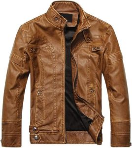 Blouson moto homme en cuir marron écologique, col montant, fermeture éclair, coupe ajustée, manches classiques, couleur unie, pour l'hiver - Product Image 1
