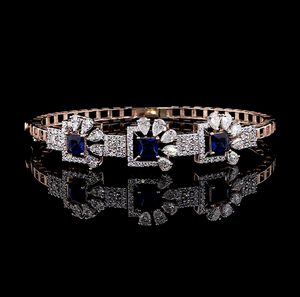 Bracelet floral en saphir bleu taille princesse et diamants, pierres précieuses rondes et marquises, en argent sterling 925, or 10K, 14K, 18K, bijoux fins - Product Image 2