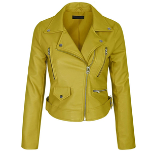 Blazer de Cuero Genuino Amarillo para Mujer, Manga Larga, Cuello con Botones, Forro de Lana de Secado Rápido, Forro de Seda, Estilo Invernal - Product Image 1