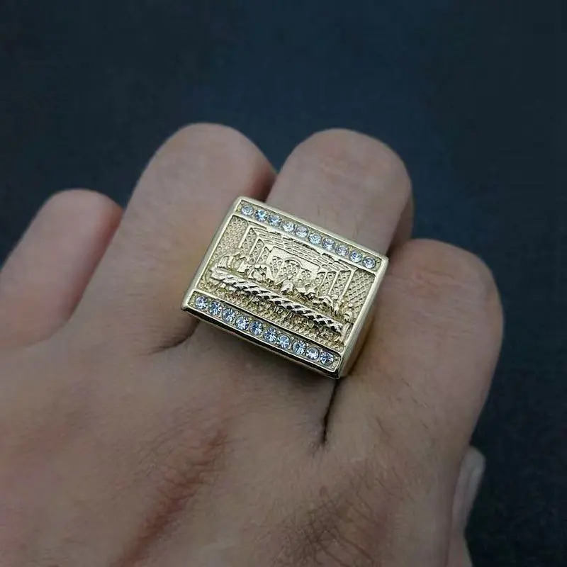 Amazon Top New Hip Hop Titanium Gold Plated Last Supper Square Men Fashion Jewelry Ring gold ring designs for men
