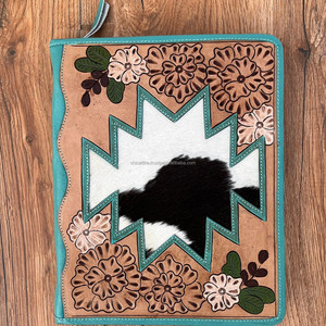 <b>A4</b> Size Hand Tooled Leather Certificate Holder Cowhide Turquoise Multifunctional Portfolio With Zippered Closure & Ring Binders - Product Image 2