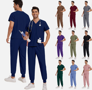 Conjunto de uniforme médico profesional para hombre, blusa con cuello en V y 2 bolsillos, y pantalones tipo jogger - Product Image 1