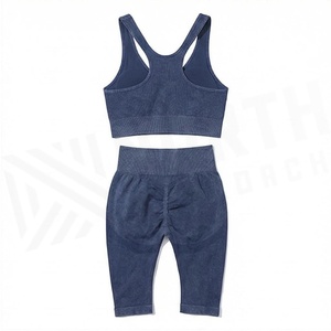 2 Piece Yoga Set High Waist Full Length Leggings V Neck Racerback Sports <b>Bra</b> Seamless Solid Navy <b>Blue</b> Women's Activewear - Product Image 2