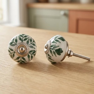 <b>Ceramic</b> Round Cabinet <b>Knobs</b> Green Leaf Pattern Farmhouse Style Kitchen <b>Drawer</b> Handle Durable Design - Product Image 3