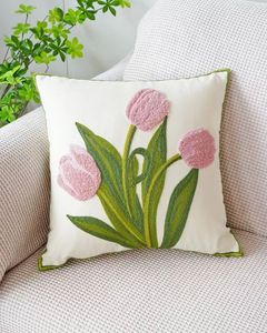 Handmade Tulip Flower Punch Needle Embroidery Cotton Cushion Cover Decorative Floral Pattern Throw <b>Pillow</b> Case For Sofa Couch - Product Image 1