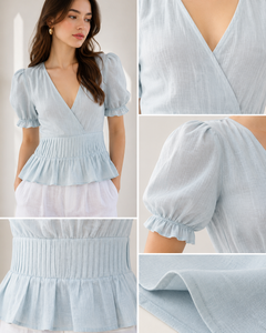 Bulk Custom Women's Solid Bohemian Cotton <b>Linen</b> Two-Piece Set V-Neck Puff Sleeves Peplum <b>Top</b> Wide-Leg Trousers Casual Summer - Product Image 5