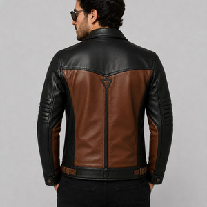 Blouson moto en cuir bicolore pour homme, marron et noir, fermeture éclair, col rabattable, coupe classique, style automne - Product Image 2