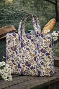 กระเป๋าช้อปปิ้งชายหาดผ้าฝ้ายลายดอกไม้รักษ์โลก น้ำหนักเบา ทำมือ พิมพ์ลายบล็อก  แบบเย็บติดกัน พร้อมช่องใส่ของด้านใน - Product Image 4