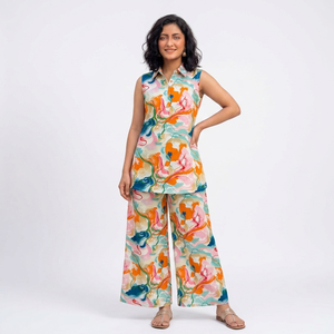 Ensembles coordonnés élégants en coton tissé écologique avec imprimé floral, tissu confortable pour les tenues décontractées et de resort des femmes modernes - Product Image 1