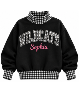 Wholesale Women’s Oversized <b>Mock</b> Neck Sweatshirt Custom Gingham Applique Embroidered Logo College Winter Pullover - Product Image 1