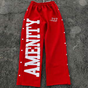 Custom Applique Letter <b>Wide</b> <b>Leg</b> Sweatpants <b>Men</b> Red Heavyweight Fleece Jogger Pants Snap Button Side Streetwear <b>Trousers</b> - Product Image 4