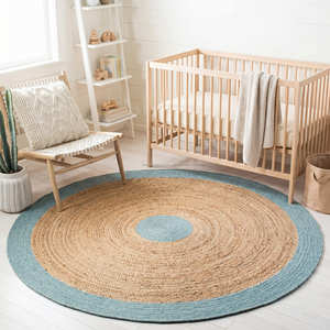 Tapis rond en jute tressé de 120 cm avec bordure à franges bleues, tapis de sol décoratif en fibres naturelles - Product Image 6