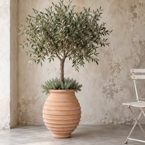 Jardinera de hormigón para terraza de jardín en el tejado, con forma de huevo, de arcilla cálida, con cuerpo acanalado, para setos de bambú, 60 x 77 cm - Product Image 5