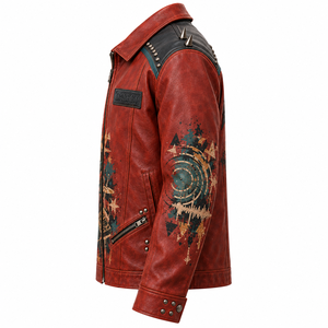 Red Mens Leather Coach Jacket Octopus DJ Graphic <b>Studded</b> Spiked Biker Coat Lapel Custom OEM ODM Factory Wholesale Manufacturer - Product Image 4