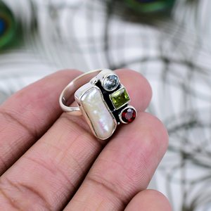 Bague en argent sterling 925 massif, sertie de pierres précieuses naturelles et de perles, forme fantaisie, faite à la main - Product Image 3