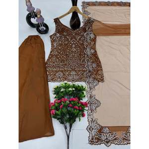 Haut de fête pour femme en mousseline de soie marron, pantalon palazzo et dupatta, 100% polyester - Product Image 5