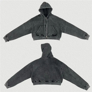 Oversized Crop <b>Hoodie</b> Solid Color <b>Zip</b>-Up Front <b>Pocket</b> Unisex Casual <b>Hoodie</b> Cotton French Terry Washed Autumn and Winter Style - Product Image 3