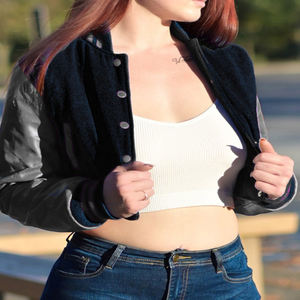 Veste courte universitaire pour femme, style Letterman noir et argenté, avec manches en similicuir, vêtement d'extérieur décontracté, mode féminine - Product Image 1