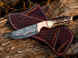 Cuchillo vaquero Skinner de acero damasco y cobre con funda de cuero y mango de asta de ciervo, regalo para él, regalos de boda. - Product Image 2